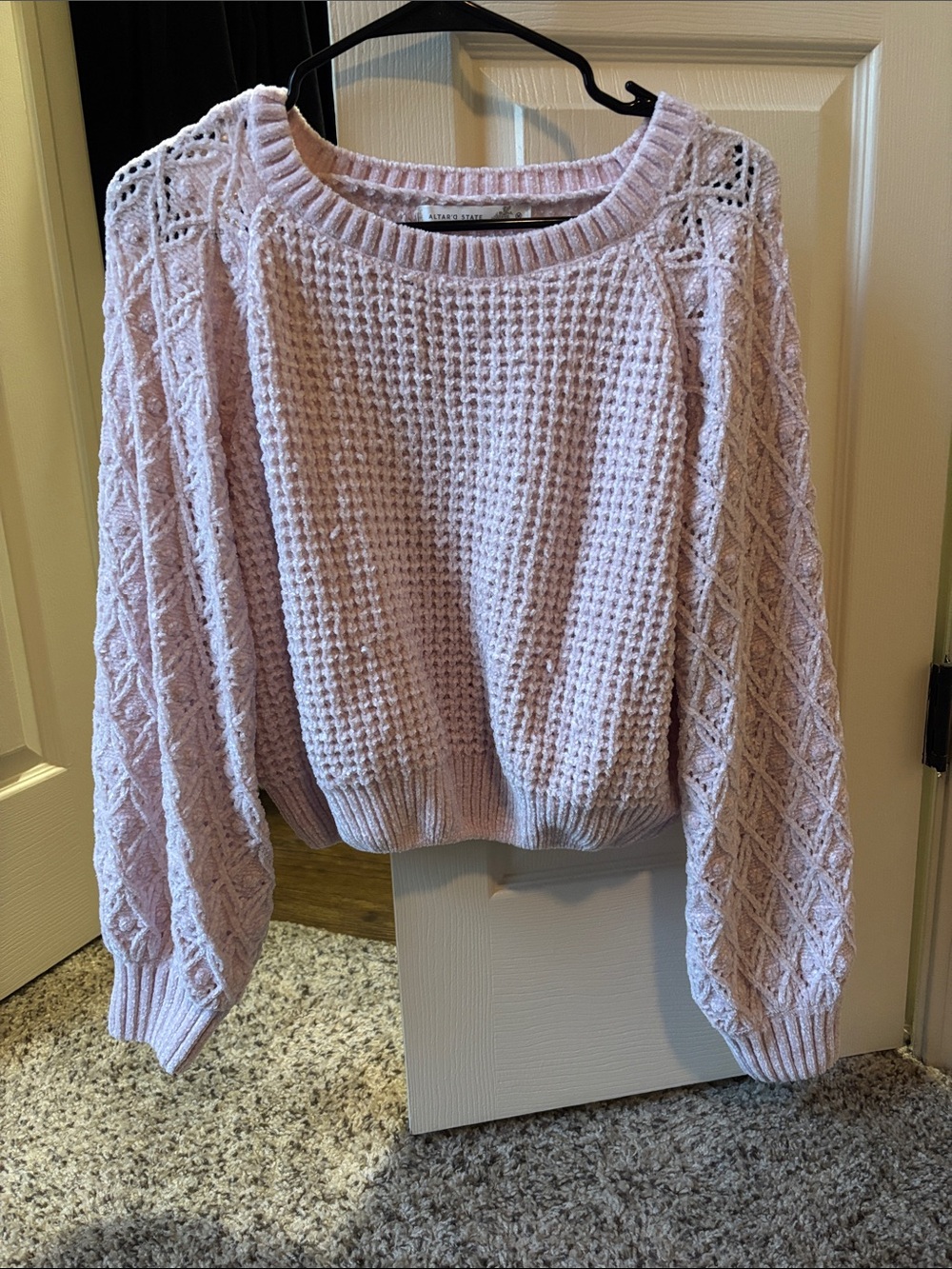 Altar'd State Pastel Pink Cable & Waffle Knit Crewneck Sweater